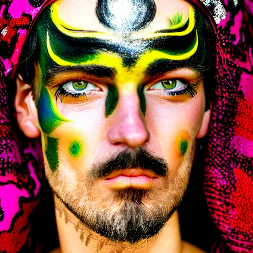 Image similar to an award finning closeup facial portrait by akseli kallen gallela luis rogyo and john howe of a bohemian easygoing and handsome male cyberpunk traveller clothed in excessivelyg fashionable 8 0 s haute couture fashion and wearing ornate body paint