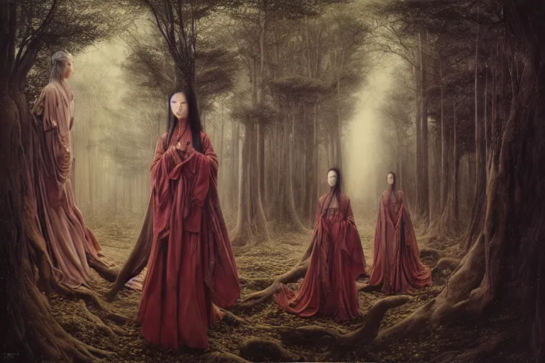 Prompt: wuxia, forest, moonlight, intricate beautiful faces, painting by agostino arrivabene, vanessa beecroft, anka zhuravleva, mary jane ansell, peter mohbacher, gerald brom