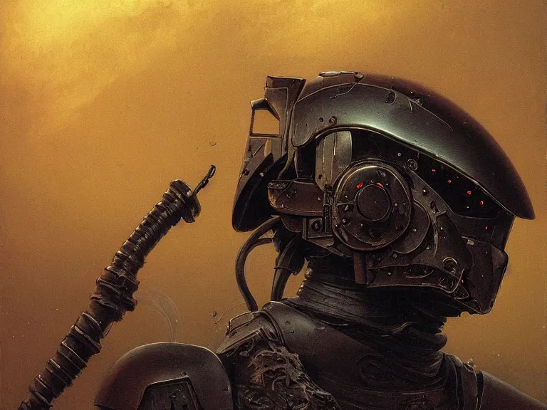 Image similar to a detailed profile painting of a bounty hunter in armour and visor, cinematic sci-fi poster. Cloth and metal. Welding, fire, flames, samurai Flight suit, anatomy portrait symmetrical and science fiction theme with lightning, aurora lighting clouds and stars. Clean and minimal design by beksinski carl spitzweg giger and tuomas korpi. baroque elements. baroque element. intricate artwork by caravaggio. Oil painting. Trending on artstation. 8k