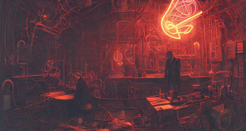 Prompt: nikolai tesla in his lab, electrical arcs, neon glow, highly detailed, digital art, intricate, dramatic lighting, steampunk, neon colors, cinematic, art by artgerm, greg rutkowski, beksinski