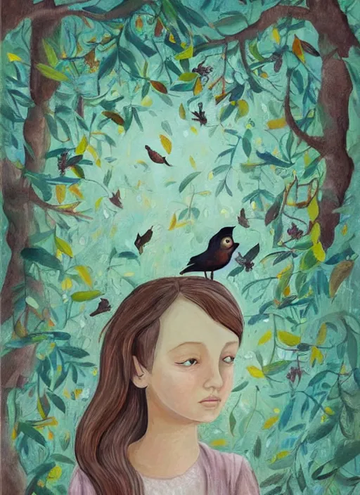 Image similar to a wonderful childrens illustration book portrait painting of a woman with serene emotion, art by tracie grimwood, forest, trees, many leaves, birds, whimsical, aesthetically pleasing and harmonious natural colors