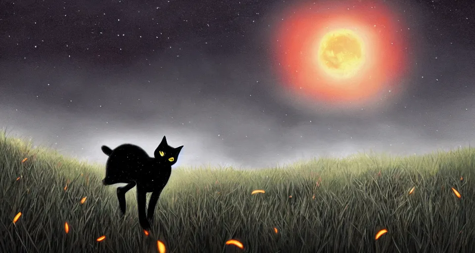 Image similar to black cat with glowing eyes walking around in a dark open field at midnight with fireflies in the air and lots of stars in the sky, digital painting, highly detailed, magical, trending on artstation