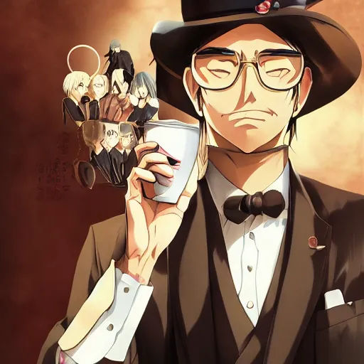 Image similar to portrait of the coffee mafia boss, anime fantasy illustration by tomoyuki yamasaki, kyoto studio, madhouse, ufotable, comixwave films, trending on artstation