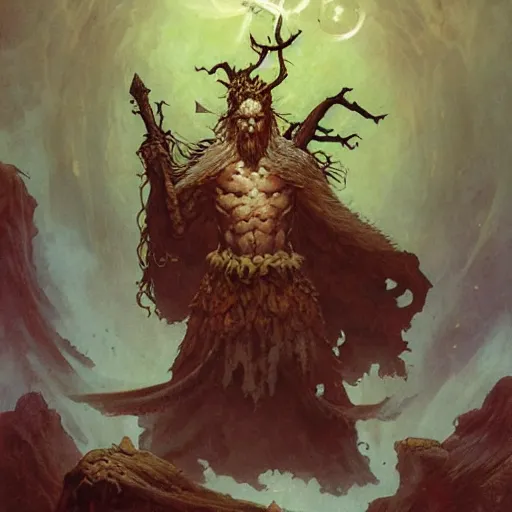 Image similar to a druid at the beginning of the world by alan lee and peter mohrbacher and frank frazetta and mike mignola