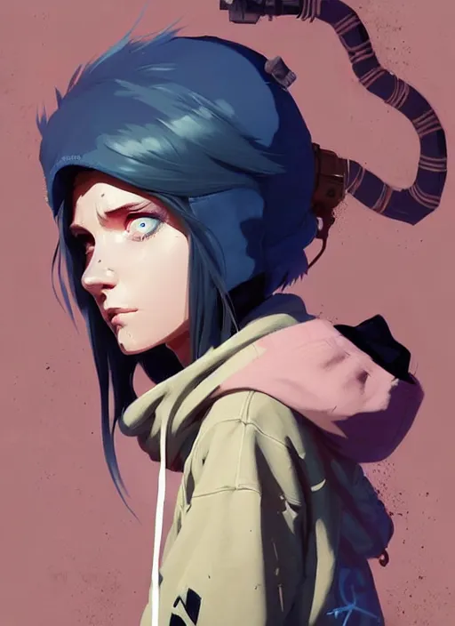 Image similar to highly detailed portrait of a sewer punk lady student, blue eyes, hoodie, tall spiral white hair by atey ghailan, by greg rutkowski, by greg tocchini, by james gilleard, by joe fenton, by kaethe butcher, gradient gold, black, brown and pink color scheme, grunge aesthetic!!! ( ( graffiti tag wall background ) )