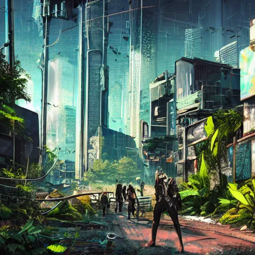 Prompt: cyberpunk city in ruin, overgrown, nature returning, lush vegetation and animals