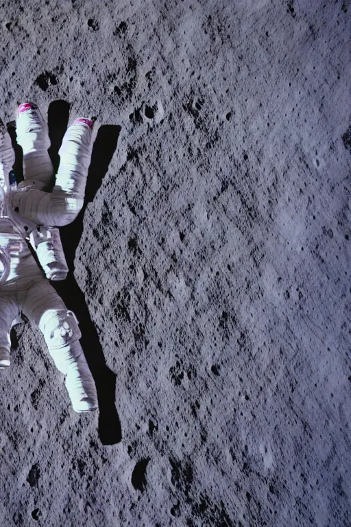 Image similar to afull body photography of an astronaut on the surface of the moon, bottom - view, focus on his foot, photography, photo - shot, shooting, cinematic lighting, 8 k