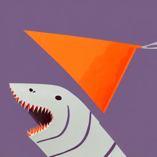 Prompt: great white shark, side view, with an orange traffic cone on its dorsal fin - ron cheng & alphonse mucha, highly detailed, digital painting, ray tracing, concept art, illustration, smooth sharp focus, intricate, symmetry, artstation,