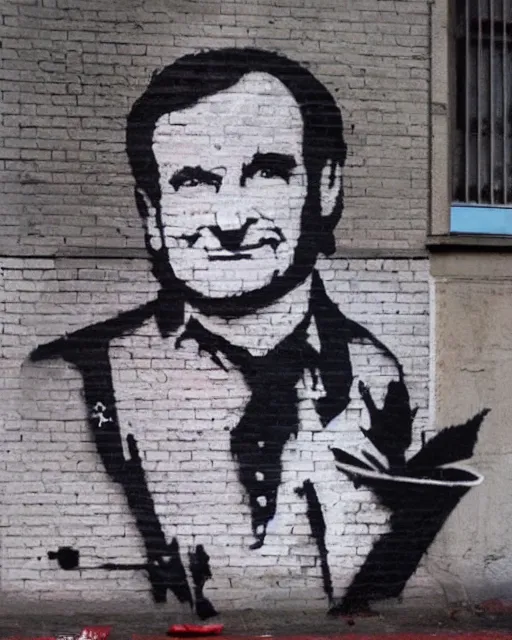 Image similar to A banksy tribute to Robin Williams, street art, detailed, gorgeous lighting