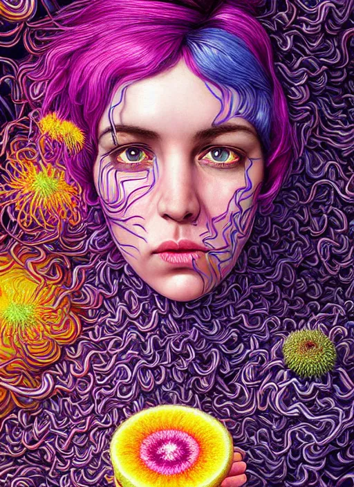 Image similar to hyper detailed 3d render like a Oil painting - Ramona Flowers with wavy black hair wearing thick mascara seen Eating of the Strangling network of colorful yellowcake and aerochrome and milky Fruit and Her staring intensely delicate Hands hold of gossamer polyp blossoms bring iridescent fungal flowers whose spores black the foolish stars by Jacek Yerka, Mariusz Lewandowski, Houdini algorithmic generative render, Abstract brush strokes, Masterpiece, Edward Hopper and James Gilleard, Zdzislaw Beksinski, Mark Ryden, Wolfgang Lettl, Dan Hiller, hints of Yayoi Kasuma, octane render, 8k