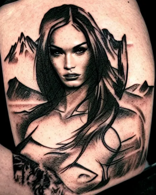 Prompt: double exposure effect tattoo sketch of a megan fox faded with a beautiful mountain scenery, surreal, in the style of matteo pasqualin, amazing detail, sharp