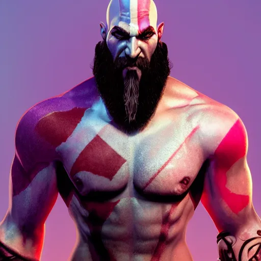 Prompt: portrait from kratos from god of war, retrowave, synthwave, purple color sheme, trending on artstation