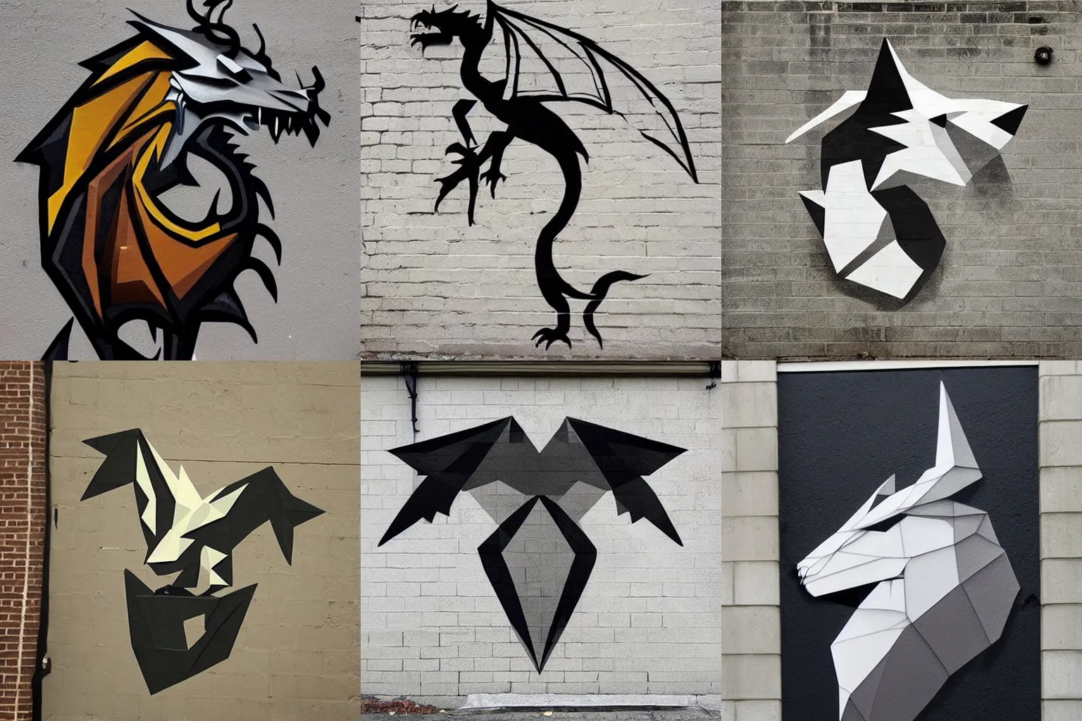 Prompt: beautiful artistic dynamic low poly dragon portrait minimalistic street wall art by banksy