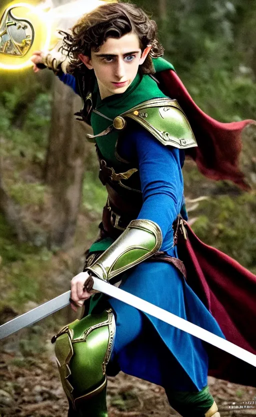Prompt: epic cinemati shot of Timothee Chalamet starring as Link from Legend of Zelda, 8k movie scene, elf ears, long blonde blonde hair, green clothes, blue eyes, ++++++ super super super dynamic action posing, super serious facial expression, holding a sword & shield, ocarina of time movie, concept photos, dynamic lighting, dynamic shaders, night time, in the forest, fairy light above him
