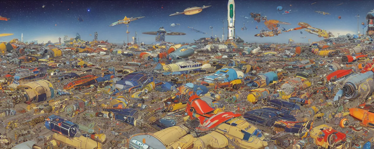 Prompt: panoramic widescreen view, illustration of a cosmic junkyard with old colorful rockets and broken spaceships, detailed digital painting, masterpiece, rendered in Octane, by Moebius, Jeof Darrow and Ralph McQuarrie.