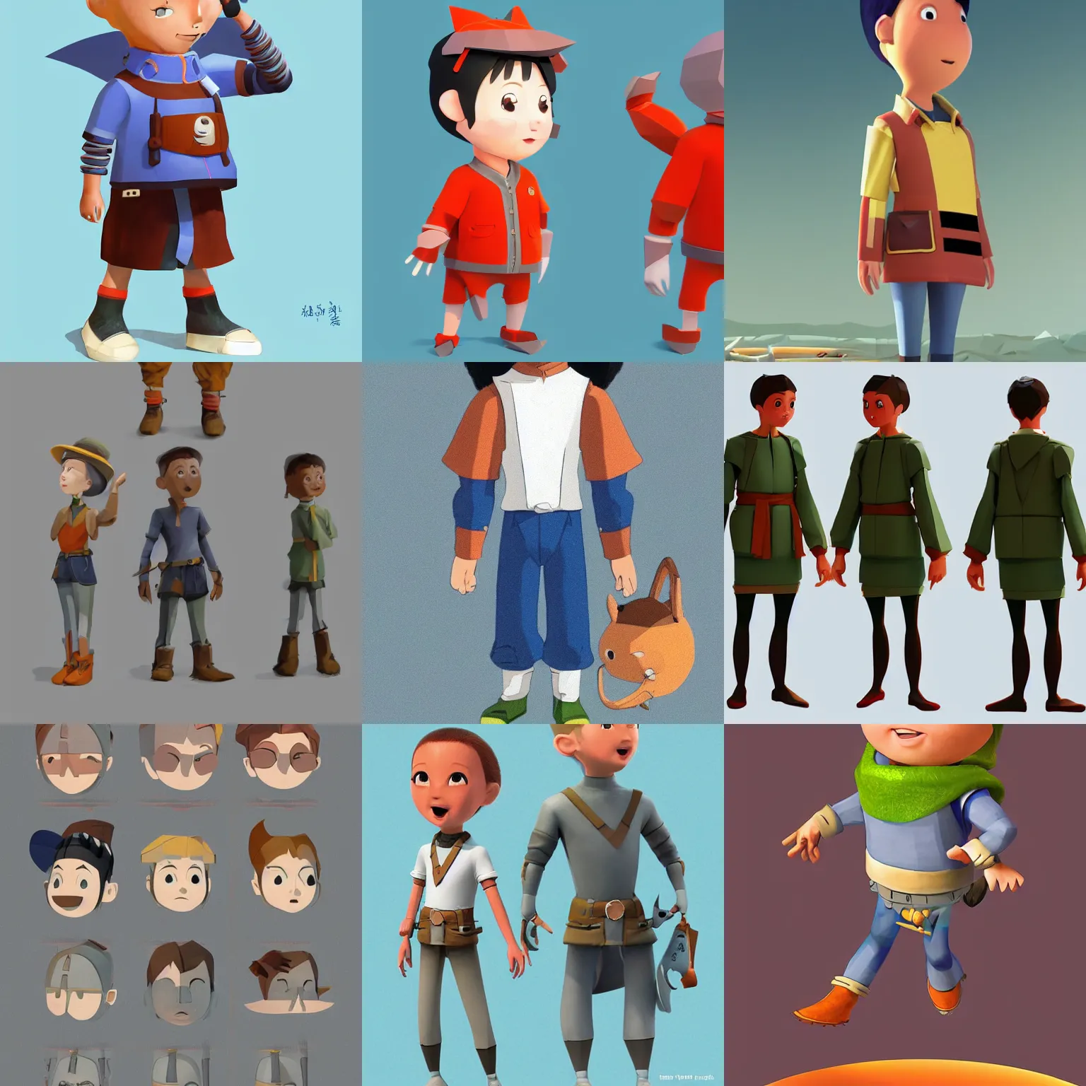 Prompt: a human avatar design for a game, character concept, concept art, character art, white background by richard scarry, pixar, kazuo oga, ghibli, yoshiyuki tomino, n. c. wyeth, aardman animations, otl archer, low poly, simplfied, exaggerated, charicature, stylised