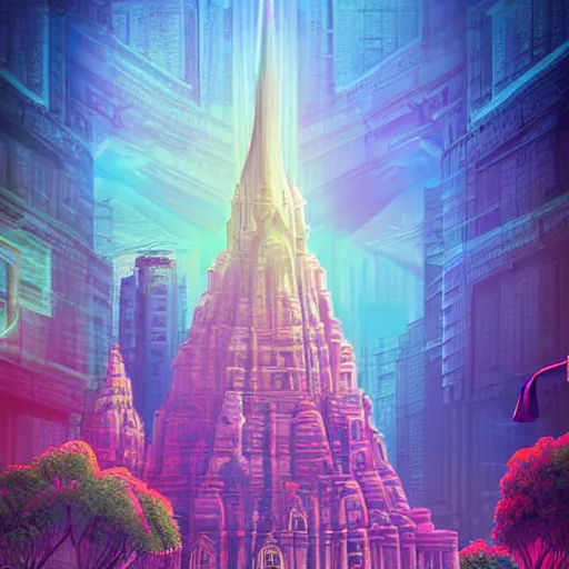 Image similar to mystical realistic poster with shaded lighting by arjun brooklyn radiant light, detailed and complex environment, solace, beautiful, utopic astral city in the sky with many buildings and temples reflecting an modern city on the ground with old growth pine trees, overlaid sacred geometry, with implied lines, gradient of hot pink and neon baby blue