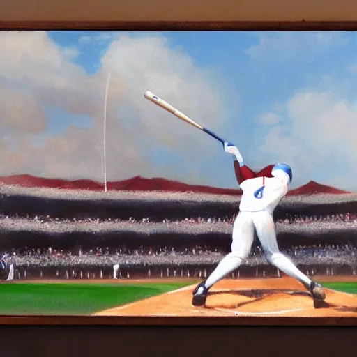 Prompt: Baseball player hitting the ball with the baseball bat in the middle of the game and in front of everyone in the stadium, James Gurney painting style