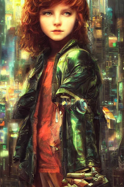 Prompt: beautiful digital oil cyberpunk style of a young girl by Arthur Hughes