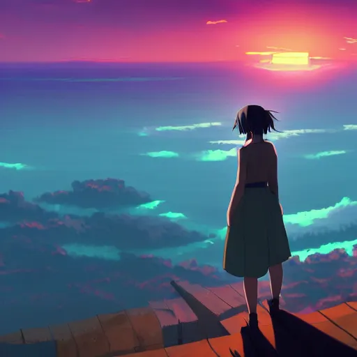 Image similar to A girl standing on the hill looking at the sea with a sunset in style of Makoto Shinkai and Cyberpunk. ArtStation, 8K, Highly Detailed, Intricate, Album Art.