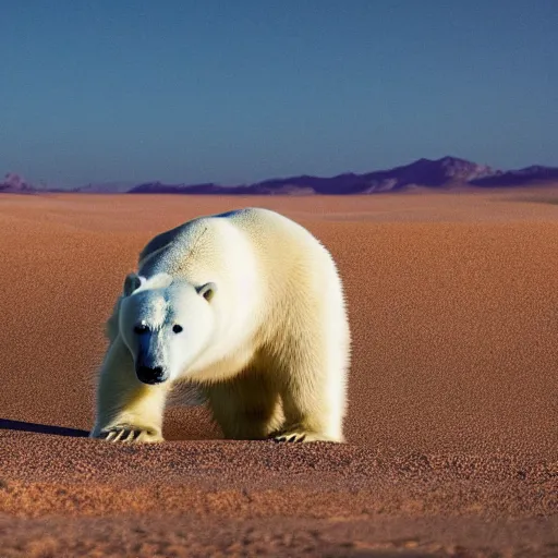 Prompt: photography of a polar bear in the desert, VFX, cinematic, rule of thirds, golden ratio, evening