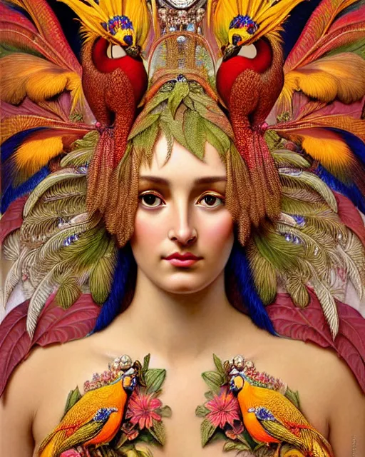 Image similar to hyperrealistic detailed face portrait of the beautiful goddess of the golden pheasants with an intricate headgear of golden pheasant, red berries, leaves, field flowers, pears, apples, art by ernst haeckel, john william godward, android jones, alphonso mucha, h. r. giger, gothic - cyberpunk, ornamental, beautiful deep colours,