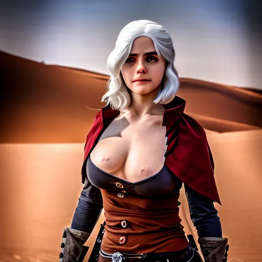 Prompt: cirilla cosplay, desert, professional shooting, natural light, anatomically correct body, beautiful face, many details, super realistic, high quality, 8 k