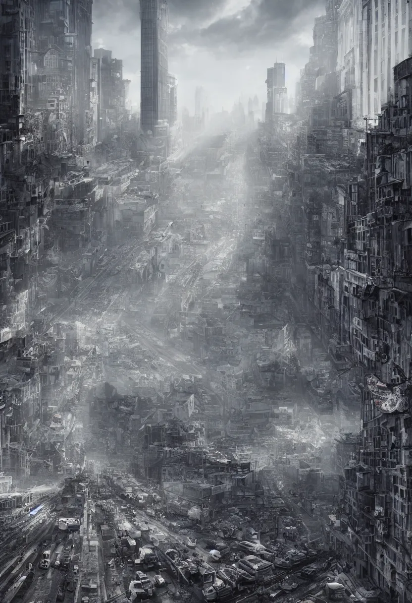 Image similar to the pure madness of urban hell as a portrait, very detailed, maximalism, ambient occlusion, volumetric light, sun beam, atmospheric haze, unreal engine, hyper realism, realistic shading, cinematic composition, realistic render, octane render, detailed textures, photorealistic, wide shot - h 1 2 0 0