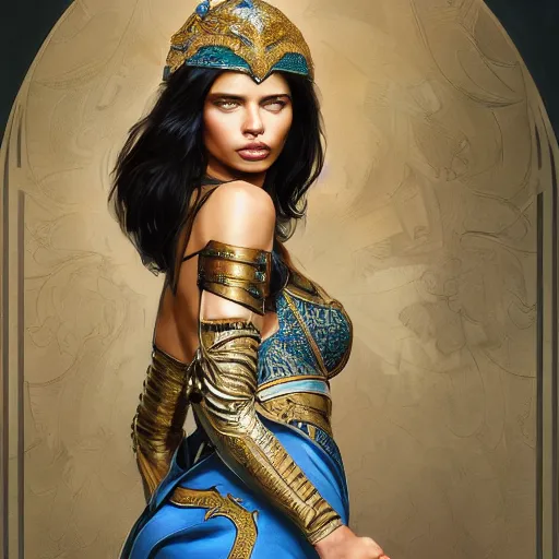 Image similar to an attractive young female wearing an blue ornate metallic helmet, adriana lima, olive skin, long dark hair, beautiful bone structure, intricate, elegant, highly detailed, digital painting, artstation, concept art, smooth, sharp focus, illustration, art by artgerm and greg rutkowski and alphonse mucha