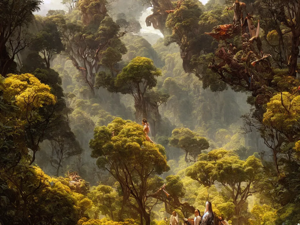 Prompt: a valley with trees in flower. giant birds flying. full - length, oil painting in a modern style, very detailed, painted by caravaggio, greg rutkowski, thomas kindkade, enki bilal, tony sandoval, norman rockwell, tom bagshaw.