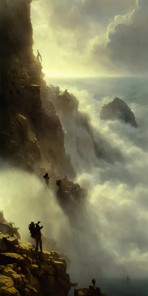 Image similar to a big cliff at the middle of the day in 1 9 4 0, stormy sea, a men stand up at the edge of the precipice, steam punk, mystical yellow fog, oil on canvas, art by andreas achenbach, clemens ascher, tom bagshaw and sabbas apterus,