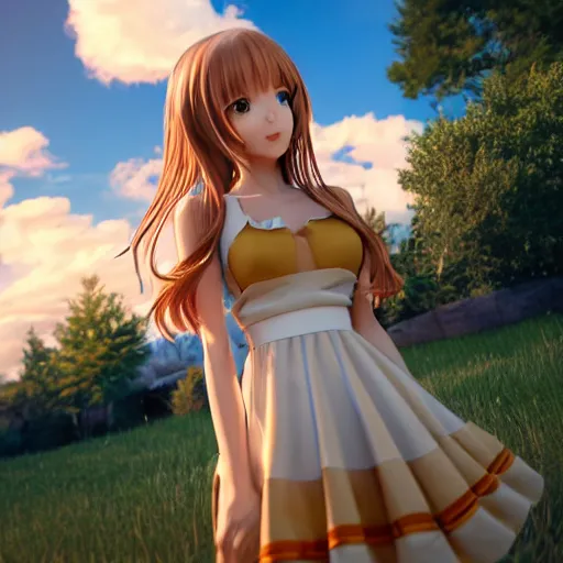 Image similar to Render of a very beautiful 3d anime girl, long hair, hazel eyes, cute freckles, full round face, short smile, cute sundress, golden hour, blue background, medium shot, mid-shot, highly detailed, trending on Artstation, Unreal Engine 4k