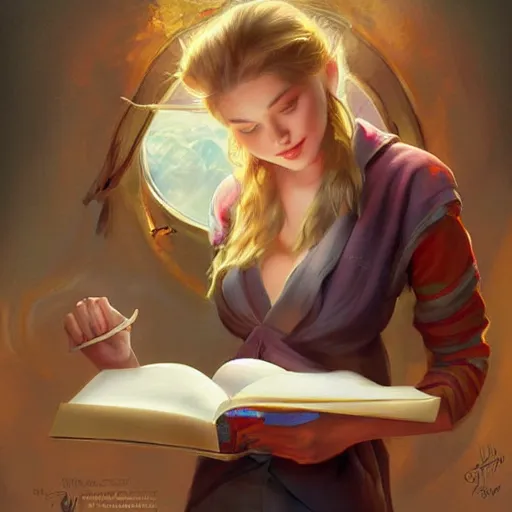 Prompt: a girl reading a book, surprised, highly detailed, digital painting, artstation, concept art, art by artgerm and Anna Dittmann and Greg Hildebrandt