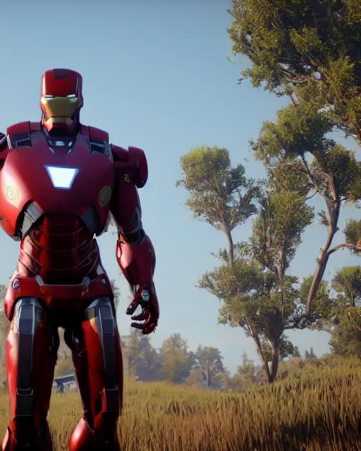 Image similar to robust and bulky iron man suit in red dead redemption 2, cinematic, photorealistic