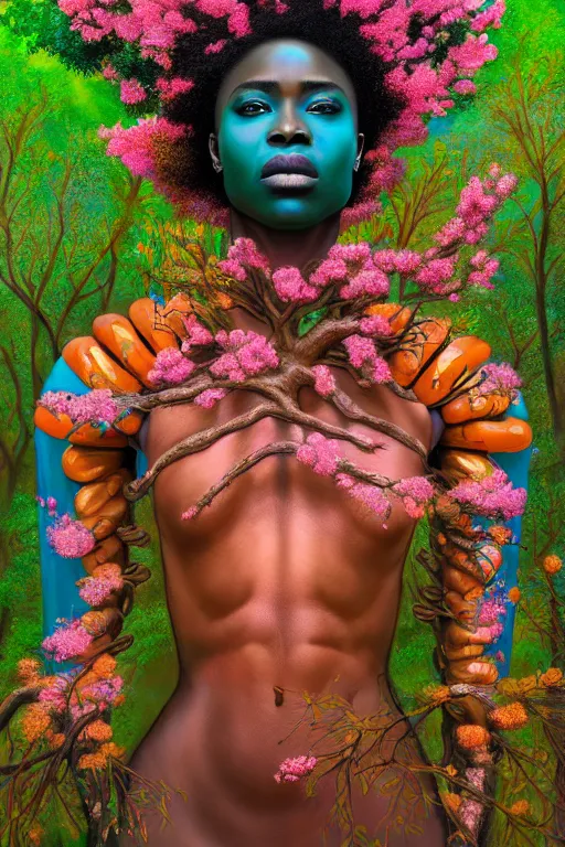 Image similar to hyperrealistic post - renaissance cinematic super expressive! yoruba goddess with exoskeleton armor, merging with tree in a forest, pink orange flowers, highly detailed digital art masterpiece, smooth cam de leon eric zener dramatic pearlescent soft teal light, ground angle hd 8 k, sharp focus