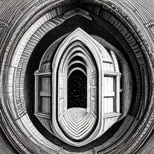 Image similar to golden ratio, perfection, intricate, sublime, heavenly, doorway, detailed, pencil art, spirals, astronaut opening door that shows the universe illustrated by davinci