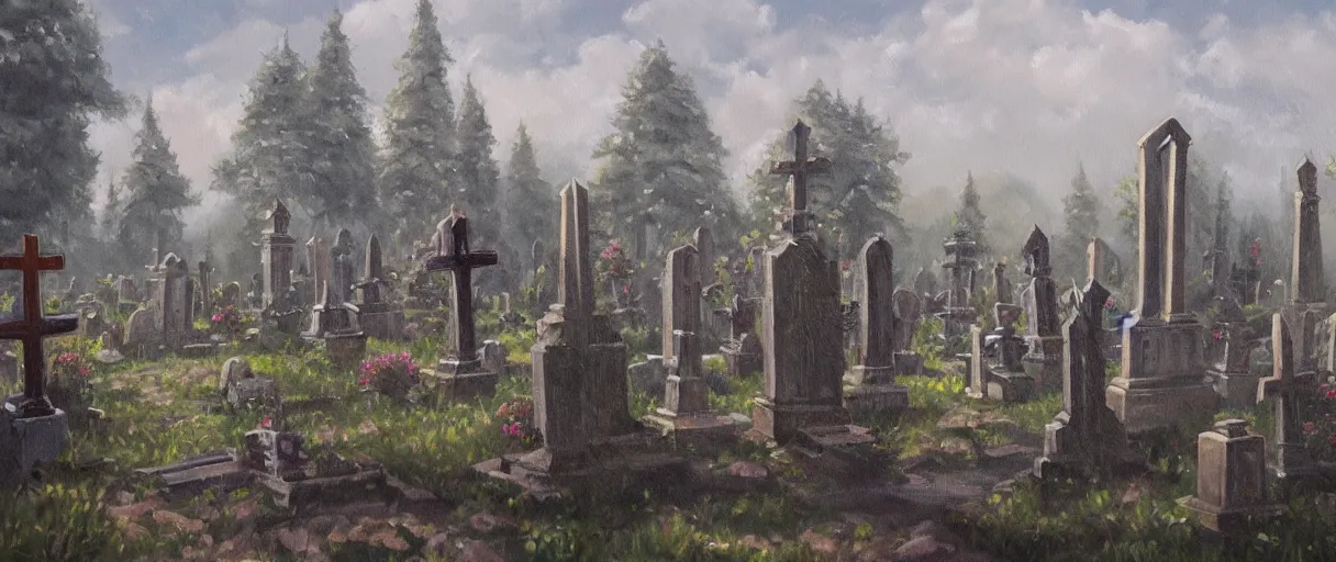 Image similar to dnd environment illustration, oil on canvas : : cemetary with crystal statues