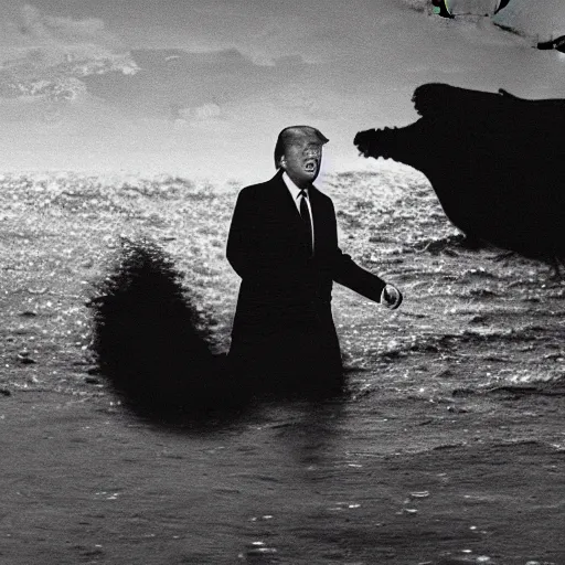 Image similar to dark footage of donald trump walking around the bottom of the ocean