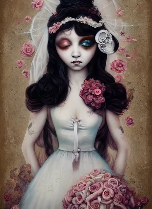 Prompt: pop surrealism, lowbrow art, realistic cute bride white gown girl painting, japanese street fashion, hyper realism, muted colours, rococo, natalie shau, loreta lux, tom bagshaw, mark ryden, trevor brown style,