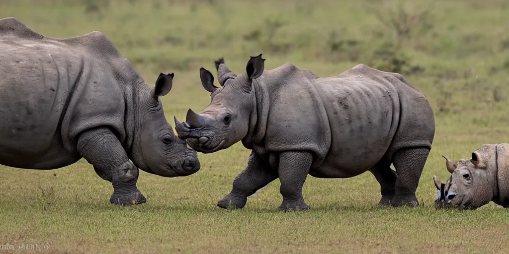 Prompt: a rhino standing opposed to a hippo, a standoff in the African savanna