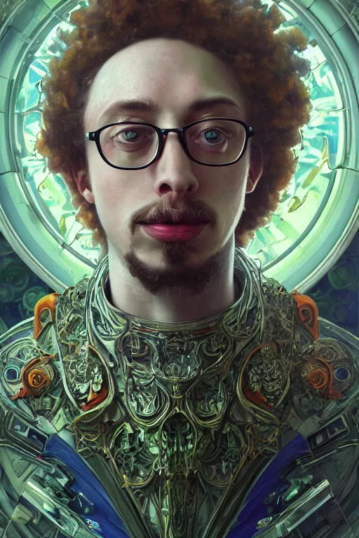 Image similar to portrait of Celestial Sam Hyde as a futuristic royal king, inside future fighter, sci-fi, fantasy, intricate, lush garden spaceship, elegant, human anatomy, royal green and nature light, highly detailed, digital painting, artstation, concept art, smooth, sharp focus, illustration, art by tian zi and WLOP and alphonse mucha