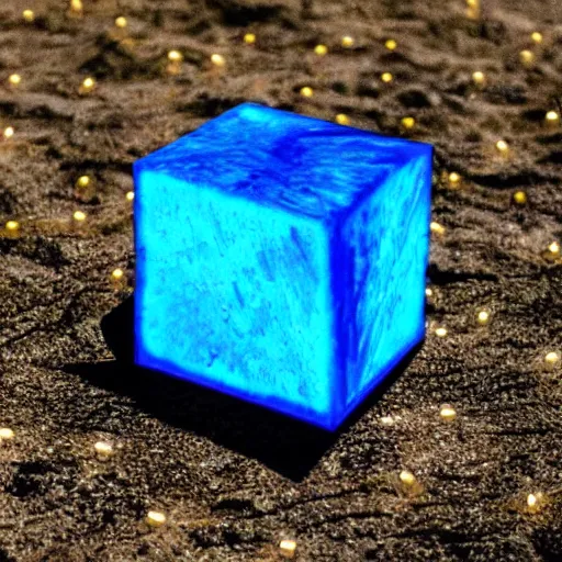 Prompt: a phosphorescent cube with daggers piercing it from all sides, rolling on the ground with waves of magical energy emanating from it