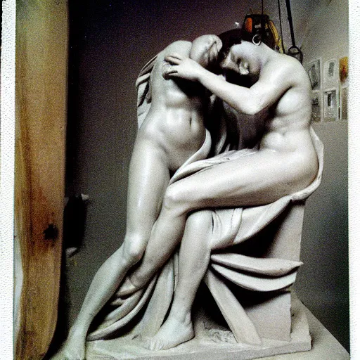 Image similar to polaroide photo inside of a greek sculpture atelier with artists working, award winning photo, color