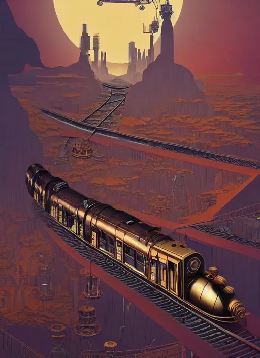 Image similar to a steampunk train by paolo eleuteri serpieri and tomer hanuka and chesley bonestell and daniel merriam and tomokazu matsuyama, unreal engine, high resolution render, featured on artstation, octane, 8 k, highly intricate details, vivid colors, vector illustration