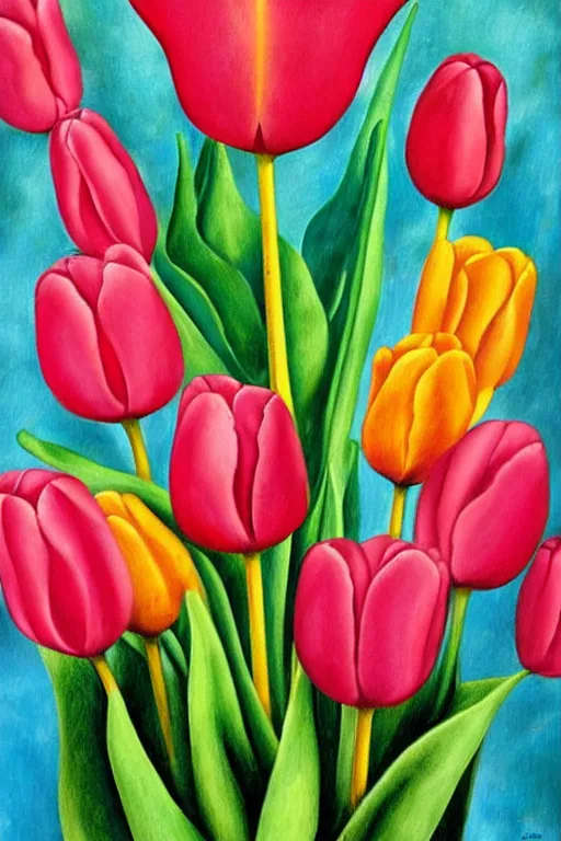 Image similar to a colorful painting of a tulip in the stale of frida kahlo with the colors of mexico