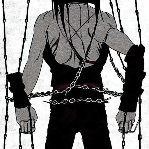 Image similar to A FULL BODY PORTRAIT FROM BEHIND OF UCHIHA ,THE MAN KEEPS A KUSARIGAMA AND IT IS WRAPPED IN CHAINS ,detailed, concept art, ink style , sketch