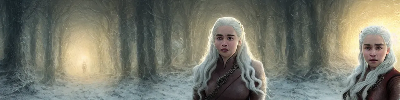 Prompt: face portrait of Emilia Clarke as Daenerys Targaryen walking through deep snow wearing thick wooly clothing in a winter scene, fantasy, fireflies, torch light, dragons in background, intricate, elegant, highly detailed, centered, smooth, sharp focus, Donato Giancola, Joseph Christian Leyendecker, WLOP, Boris Vallejo, Artgerm