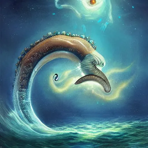 Prompt: a beautiful, celestial, oceanic hippocampus rising from the sea, fantasy art,