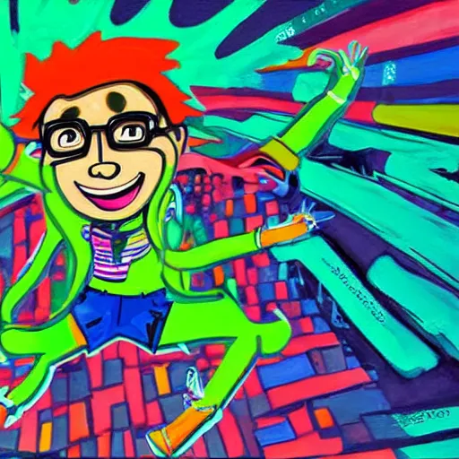 Prompt: high detailed painting of the adult version Otto Rocket of rocket power nick cartoon dancing at a rave