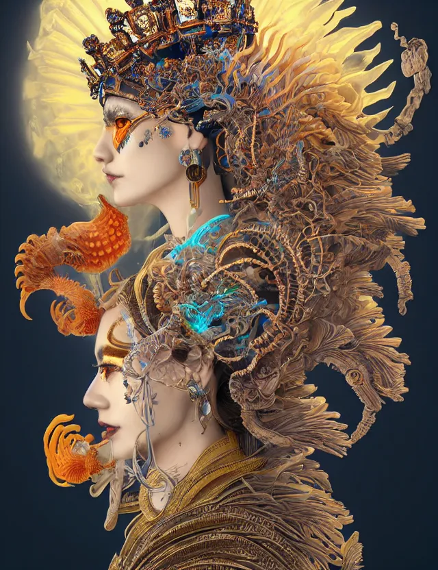 Image similar to 3 d goddess close - up profile portrait with crown, ram skull. beautiful intricately detailed tribal japanese crow kitsune mask and clasical japanese kimono. betta fish, jellyfish phoenix, bio luminescent, plasma, ice, water, wind, creature, artwork by tooth wu and wlop and beeple and greg rutkowski